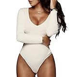 Weigou Women Jumpsuits Deep V Neck Long Sleeve Bodysuit Stretchy Romper Jumpsuit Autumn Winter Bodysuit (White, M)