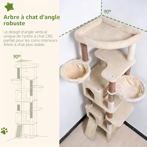 Globlazer Beige XXL Cat Tree Corner for Large Cats 204 cm with 2 Large Kennels 45 x 30 x 30 cm, Huge Platform, Sisal Board, Basket, Stable Cat Trees Indoor Rest Scratching Playing (C80, Beige)