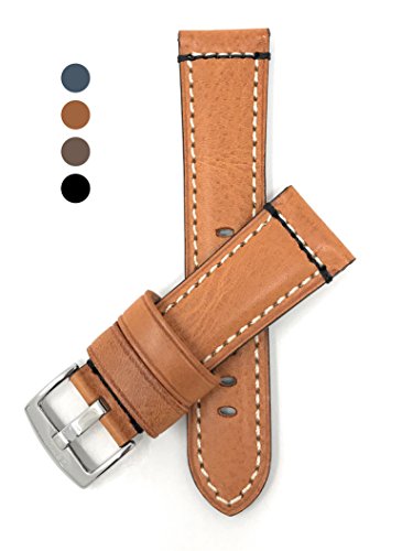 22mm - 24mm, Genuine Italian Leather Watch Strap Band, Double Stitching, Stainless Steel Buckle, Comes in Black, Blue, Brown and Tan (24MM, Tan)