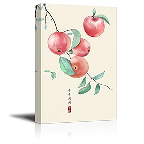 Canvas Wall Art - Water-Painted Red Apples on a Branch with Chinese Writing - Giclee Print Gallery Wrap Modern Home Art Ready to Hang - 12x18 inches