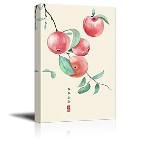 Water Painted Red Apples on a Branch with Chinese Writing