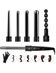 6 in 1 Curling Iron Wand Set With 6 Interchangeable Ceramic Barrels and Heat Protective Glove (Black-6in1)