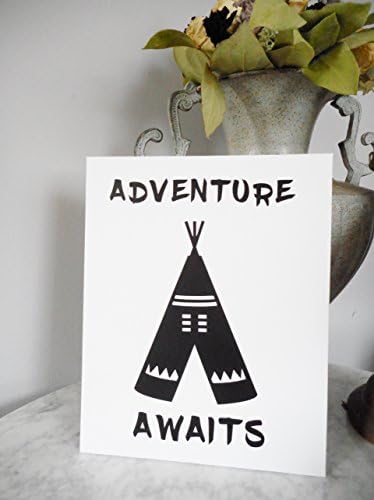 Adventure Awaits Teepee Print on White Canvas Panel, Tribal Wall Art, 8"x10"