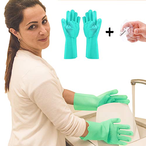 Silicone Cleaning Gloves Set of 2 – Magic, Reusable Dishwashing Scrubber – Heat-Resistant, Dishwasher-Safe Bristles for Car Washing, Pet Care, Kitchen and Bathroom Cleaning + Free Hanging Hook (Mint) - Thumbnail 3