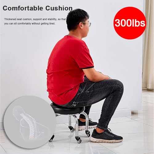 Professional Rolling Pedicure Stool| Low Chair With Tufted Cushion| Round Swivel Mini Stool Pu Leather (Black)