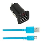EZOPower Dual USB Car Charger Adapter w/ Blue 6Ft USB Cable for Motorola Moto G (2nd Gen.), Moto G Cellphone Smartphone Tablet and more