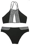 Cupshe Fashion Women's Stripe Splicing Front Cutout Padding Bikini Bathing Suit (M, Black)