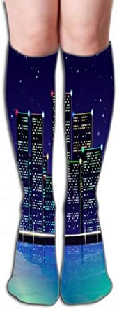 Xunulyn Women's Tube Stockings High Graduated Over the Calf Tube night city lights beach neon light starry sky night city lights bea