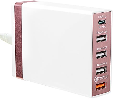 Desktop Charger USB Type C Charging Station 70W 5-Port desk wall with Quick Charge 3.0 for Galaxy S8/S7/S6/Edge, Note 5 and Smart IC for iPhone 8/X/7/6s/6/Plus,iPad Pro,LG,Nexus,HTC &amp; More-ROSE GOLD