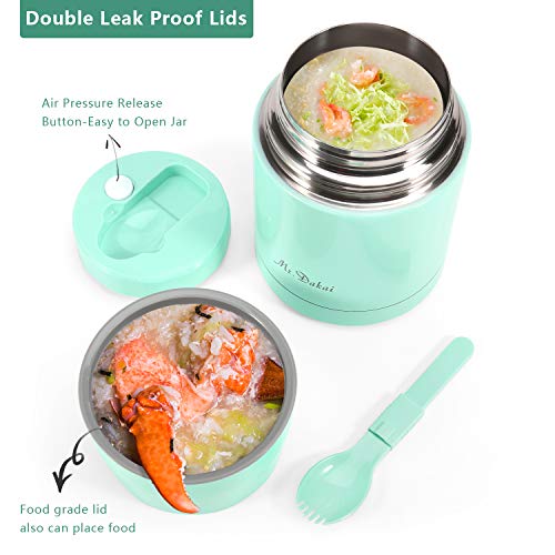 Mr.Dakai Insulated Lunch Containers Thermoses Food Jar Vacuum Stainless Steel 27 oz Leak Proof Keep Food Cold Hot Container for Kids Adult Lunch Box School Camping Outdoors, BPA Free (Green) - Thumbnail 3