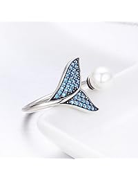 WOSTU Lucky Whale Tail Rings 925 Sterling Silver CZ Shell Pearl Wrap Rings Open Adjustable Bands.