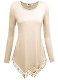 DJT Women's Long Sleeve Boat Neck Lace Hem Hankerchief Tunic Shirts