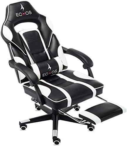 ECHOS Gaming Chair PC Racing Office Chair High Back Computer Desk Chair PU Leather Chair Executive and Ergonomic Adjustable Swivel Chair with Footrest and Lumbar Support, Black and White