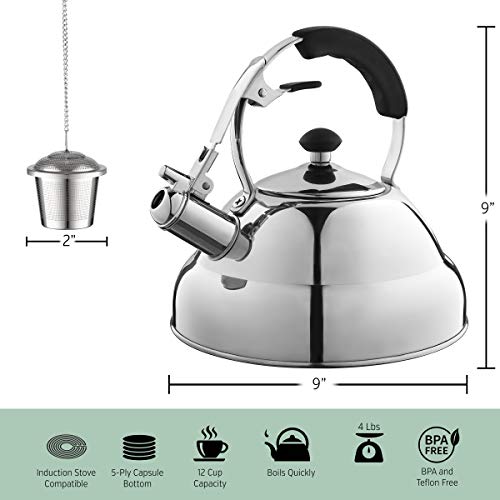 Eurolux Tea Kettle - Teapot with Capsule Bottom and Mirror Finish, 2.75 Quart Tea Pot - Stove Top Tea Maker Infuser Teapots Strainer Included