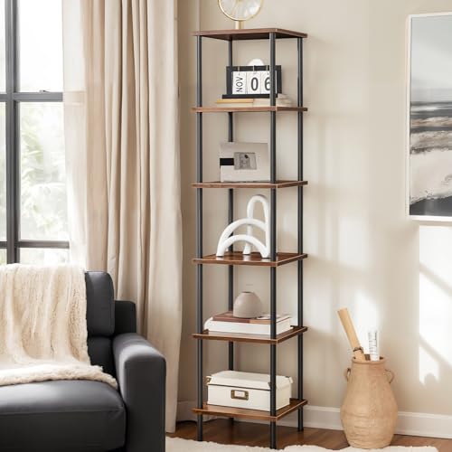 HOOBRO 6 Tier Corner Shelf Stand, Freestanding Corner Shelves for Living Room, Industrial Corner Standing Shelf Unit, Floor Corner Bookshelf for Home Office, Bathroom, Rustic Brown and Black EBF55CJ01