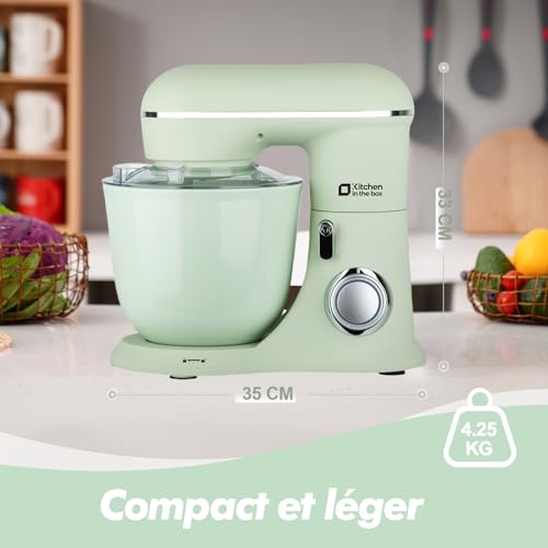 Kitchen in the box Pastry Processor, 4.5L+5L 2 Bowls Kitchen Robots, 10 Speeds Electric Kitchen Mixer, 1300 W Professional Kneader with Whisk, Beater, Hook (Green)