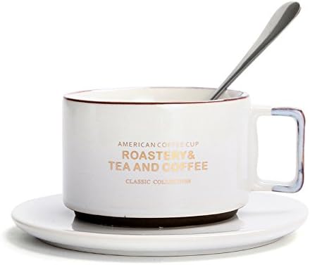 Procelain Coffee Cup Saucer Set - MISUNDER 300ml/10oz Letters Print Drinkware Coffee Mug, with Saucer and Spoon, for Coffee, Tea, Milk,3pcs Great Gift(2017,JS-002)