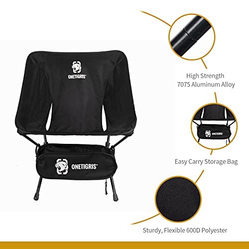 OneTigris Camping Backpacking Chair, 330 lbs Capacity, Compact Portable Folding Chair for Camping Hiking Gardening Travel Beach Picnic Lightweight Backpacking (Black)