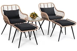 Verano Garden 5 Pieces Outdoor Wicker Conversation Chair Sets,Patio Conversation Set W/Coffee Table Ottomans Bistro Sets,Outdoor Furniture Chair Seating Set for Porch,Backyard, Balcony,Deck