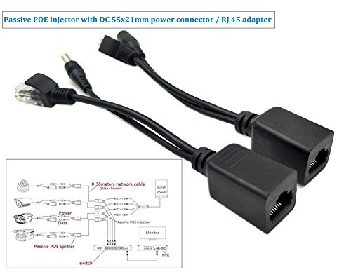 Poyiccot 1 Pair Passive PoE Injector and Splitter Kit with 5.5x2.1 mm DC Power Adaptor Connector,Black - Thumbnail 2