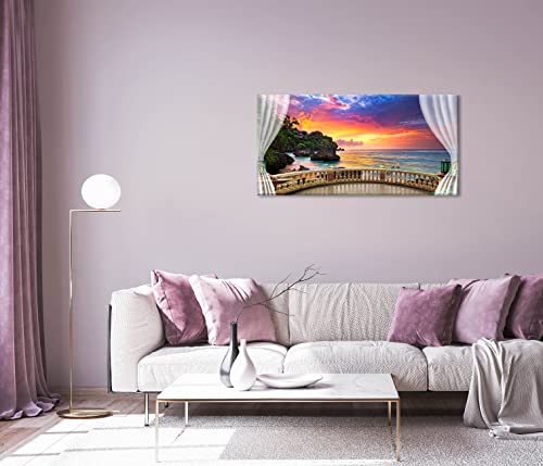 PIY Canvas Wall Art for Living Room, Beautiful Beach Ocean Sunset Pictures Canvas Prints Artwork, Balcony View Series, Large, 24x48