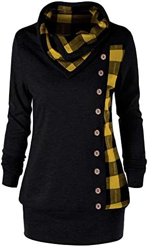 TUSANG Women Sweatshirt Hoodie Fashion Turn-Down Collar Button Plaid Patchwork Sweatshirt Slim Fit Top Blouse
