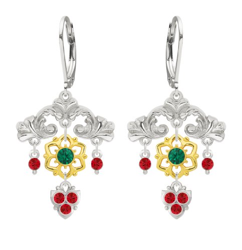 Feminine Chandelier Earrings by Lucia Costin with Lovely Details, Green and Red Swarovski Crystals, Set with Lovely Charms and 24K Yellow Gold Plated over .925 Sterling Silver Delicate Flowers; .925 Sterling Silver