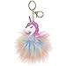 Rainbow Unicorn Pom Pom Keychain -Faux Fur Bag Purse Charm Gold Ring- Fluffy Furry Ball Pendant