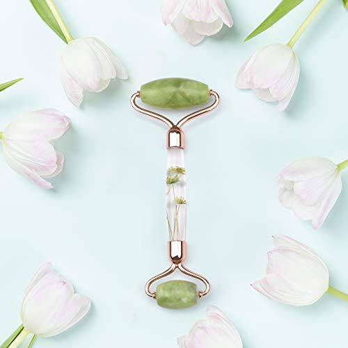 Jade Roller for Face Massage, Noiseless Facial Beauty Roller, Anti Aging Face Roller for Puffiness, Real Flower Infused Handle (Green)