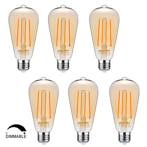 Ascher Vintage LED Edison Bulbs, Dimmable, 6W, Equivalent 60W, 700lm, 2200K Amber Warm White(Amber Gold Glass), ST58 Antique Style Filament Bulbs, E26 Medium Base, Pack of 6