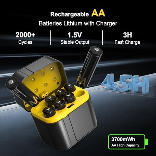 Wiederaufladbare Lithium AA Akkus 8-Pack mit Ladegerät, 1.5V 3700mWh Hohe Kapazität, Bis 2000 Ladezyklen Mit Aufbewahrungsbox Kompatibel mit Blink Außenkamera, Spielzeug & Mehr