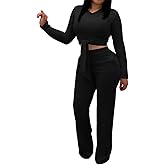 ABKY Two Piece Sets For Women Sexy Tie Front Long Sleeve Crop Top Wide Leg Pants Set Casual Tracksuit Ribbed 2 Piece Outfits