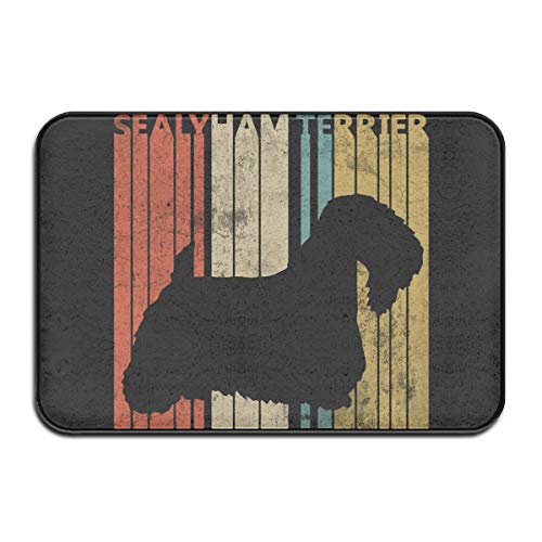 Non Slip Door Mat Outdoor,Decorative Garden Office Bathroom Door Mat with Non Slip, Inside & Outside Absorbs Mud Doormat Vintage 1970s Sealyham Terrier Dog Design Pattern for Kitchen Bathroom White