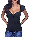 Chuanqi Womens Sexy Button Down Short Sleeves T Shirts Summer Low Cut Tops