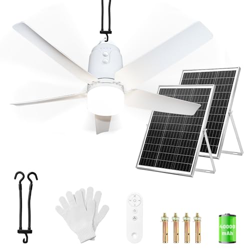 SHUNLEE Solar Outdoor Ceiling Fan Light 31.5'', 60W Solar Powered Portable Gazebo Fan With Remote and Hook, 3000K-6000K LED, 40000mAh Large Hanging Canopy Fan (31.5 inch)