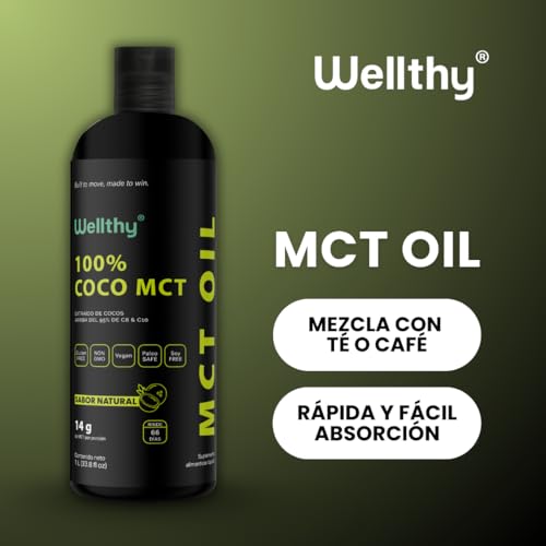 Wellthy MCT Oil 1L Aceite 100% Coco Natural. 66 Porciones, C8+C10 Alta Pureza, Keto y Paleo Safe, Sugar Free, Vegan, NON GMO, Gluten Free, Libre de Soya, Libre de Palma, Origen Filipino.