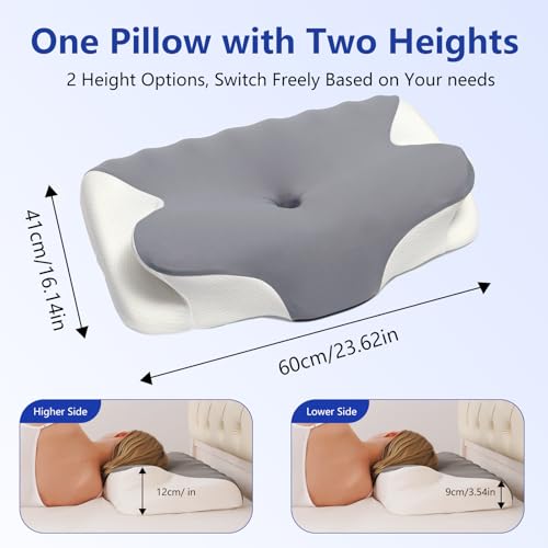 vicihoho Ergonomic Cervical Pillow, Neck and Shoulder Pillow, Suitable for Different Sleeping Postures, Size: 60 x 41 x 9/12 cm (Light Grey)