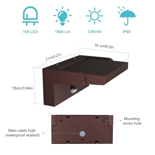 Klighten Outdoor Lamps with Motion Sensor, 24W LED Outdoor / Indoor Wall Light IP65, Aluminium Wall Light for Entrance Terrace, Bronze, 1500 Lumens, Warm White 3000K