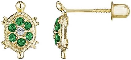 14kt Solid Gold Kids Turtle Stud Screwback Earrings - Emerald Green