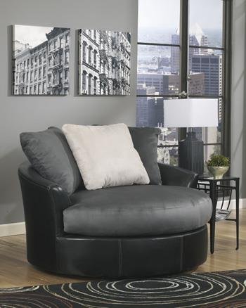 Benchcraft-Masoli-Collection-1420021-58-Oversized-Swivel-Accent-Chair-with-Fabric-and-Faux-Leather-Upholstery-Sleek-Rounded-Track-Arms-Stitched-Detailing-and-Contemporary-Style-in