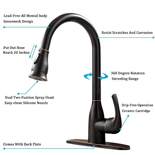 Solid Brass Single Handle Pull Out Sprayer Oil Rubbed Bronze Kitchen Faucet, Pull Down Kitchen Sink Faucet With Deck Plate