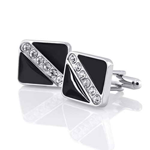 Insten Black and Silver Cufflinks with 6 Rhinestones