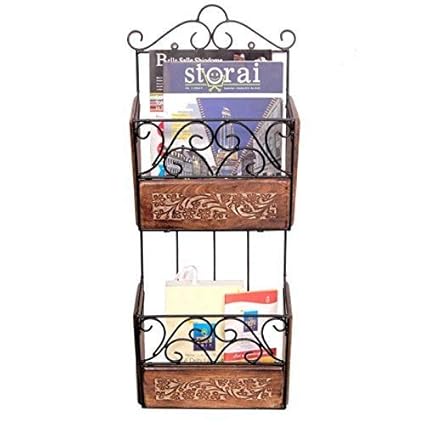 Woodkartindia Wooden Iron Wall Mount Shelf Magzine Holder (Black & Brown) for Home Decor, Office Decor, Magzine Holder