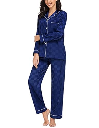 SWOMOG Womens Silk Satin Pajamas Set Button Down Sleepwear Long