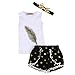 3PC Baby Girl Feather Vest Tops+Golden Dots Tassels Short Pants+Bowknot Headband (3-4 Y, White)