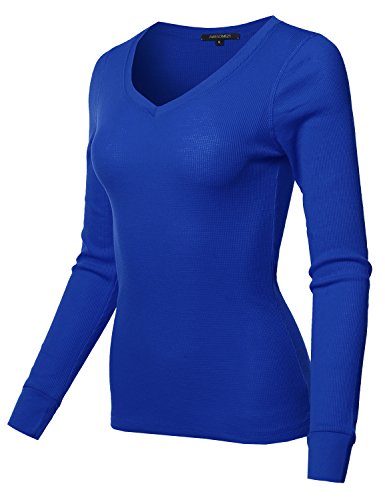 Basic Casual Solid Long Sleeve V Neck Thermal Tops Royal