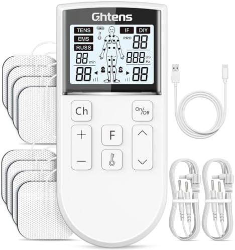 5 in 1 Elettrostimolatore Muscolare Professionale, Ricaricabile 80 Modalità con TENS/EMS/RUSS/IF/DIY Massaggio, 2 Canali, 16 Intensità per Alleviare il Dolore
