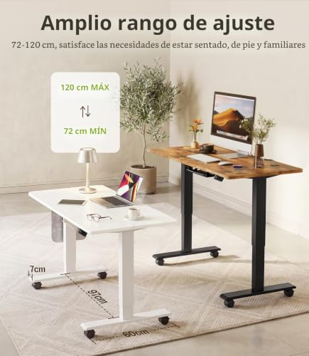 MAIDeSITe Height Adjustable Electric Lift Table, 120 x 60 cm Standing and Sitting Table with Cable Tray, Hook and Storage Pockets, Lift Table with Memory Controller