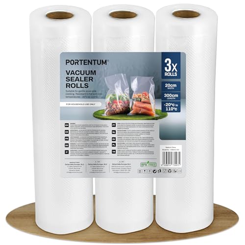 PORTENTUM Sacs sous Vide Alimentaire 3 Rouleaux 28 cm x 300 cm (9 m). Rouleau Sous Vide Alimentaire pour la Conservation des Aliments et la Cuisson, sans BPA