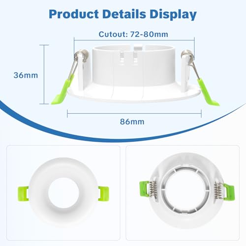 Aulaiyi Support Spot Encastrable GU10, Cadre Spot LED Encastrable Deep Design avec Douille GU10, Sans Ampoule, Blanc Mat, Spot Plafond Rond pour Salle de Bain & Cuisine, Trou 70-80 mm, Lot de 12